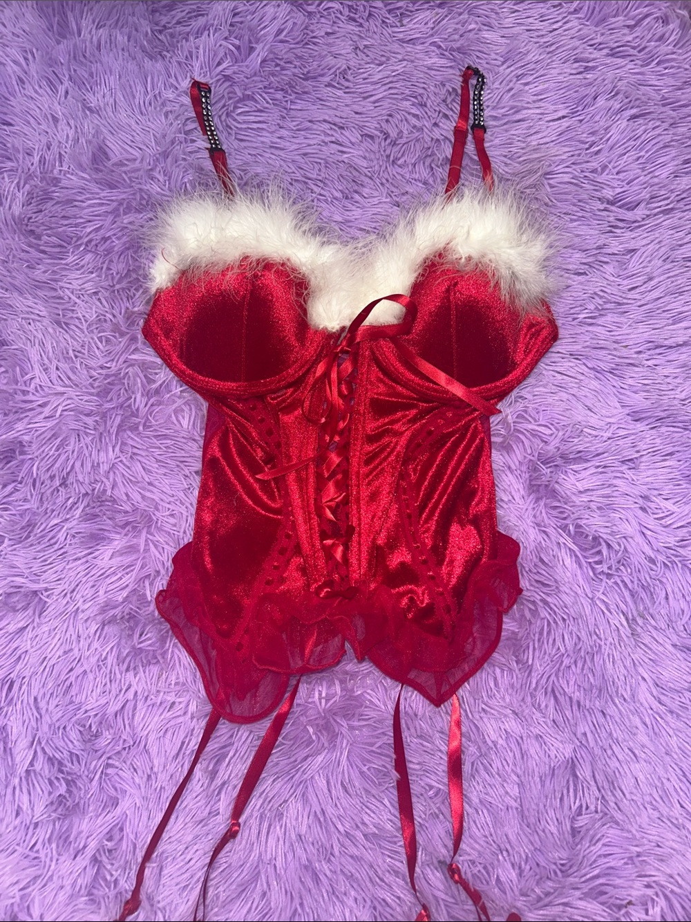Secret Treasures Red Velvet Bustier with White Faux Fur Trim